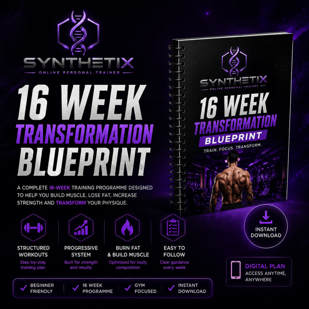SynthetiX Health 16 Week Transformation Blueprint digital fitness programme designed for muscle building, fat loss, strength development and gym progression