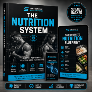 Synthetix UK Nutrition System digital nutrition guide mockup featuring calorie calculators, macro tracking, meal plans, high-protein recipes, progress trackers and fat loss and muscle gain strategies for beginners